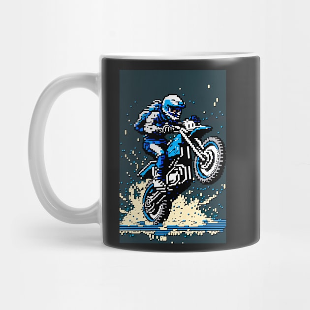 Dirt bike wheelie - pixel art style blue and tan by KoolArtDistrict